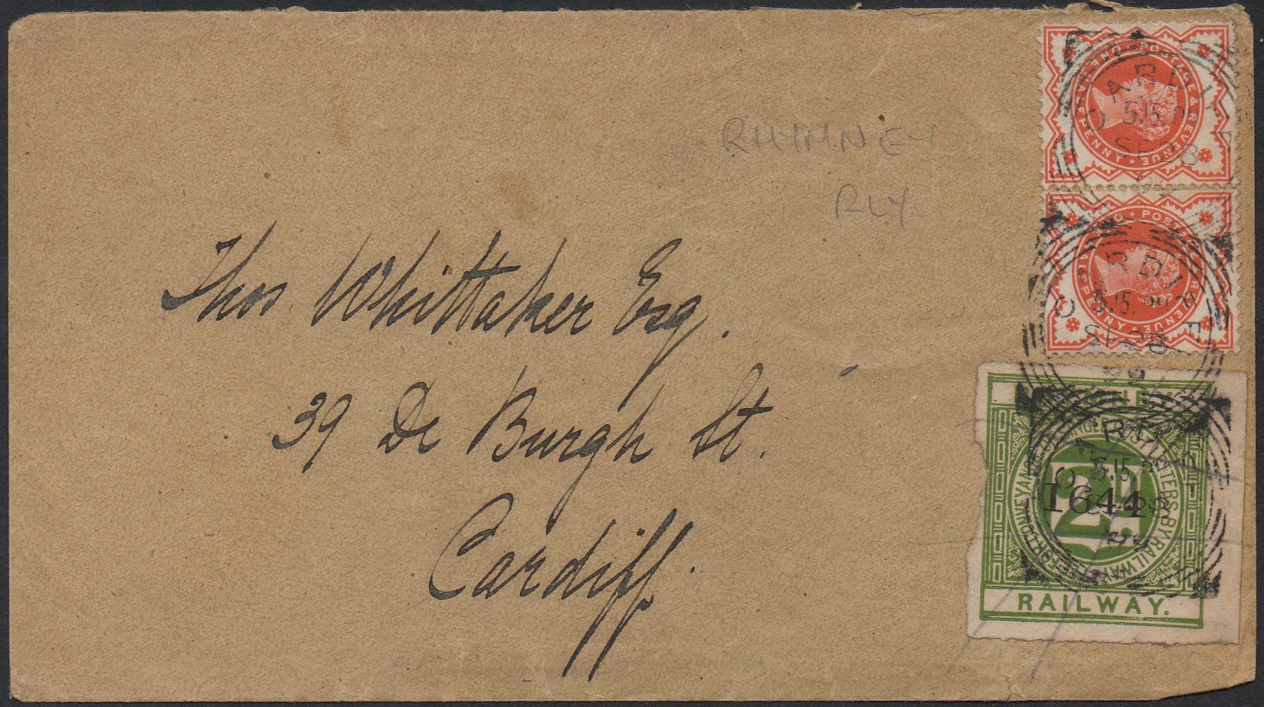 Railway Letter Stamps Rhymney Railway 2d Ist Issue cover