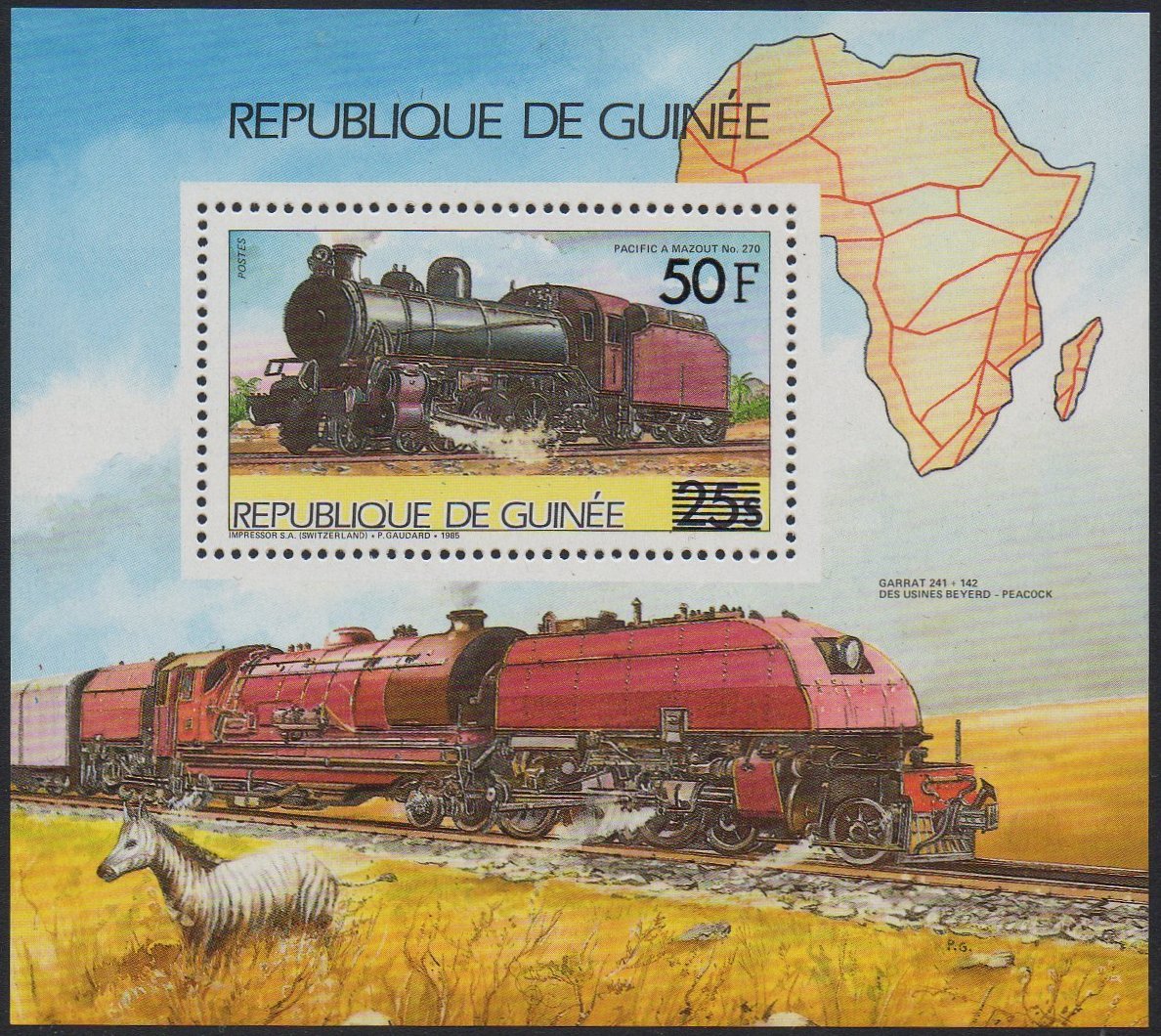 Guinea Republic Stamps 1985 : 150th Anniversary of German Railways EAR Class 59 Garratt surcharged