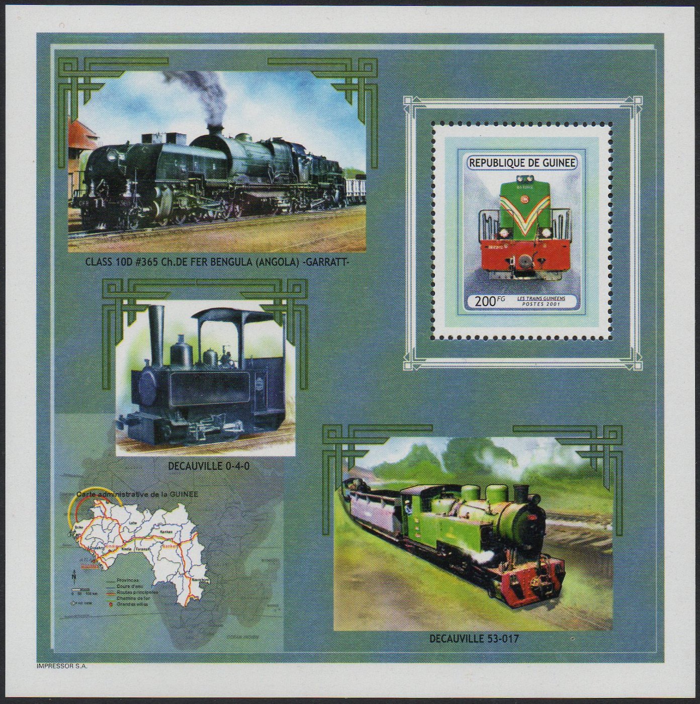 Locomotives of Guinea Railways 2001 200Fr Stamp Issue, Diesel Locomotives, Angola Class 10D Beyer-Garratt in sheet border