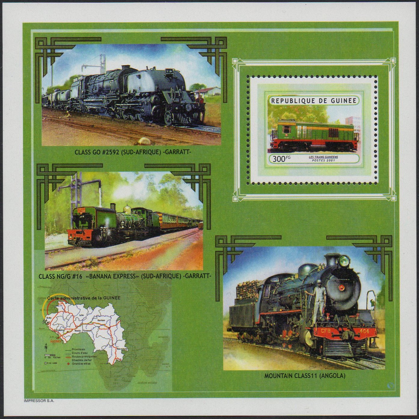 Locomotives of Guinea Railways 2001 300Fr Stamp Issue, Diesel Locomotives, South Africa Class GO Beyer-Garratt in sheet border