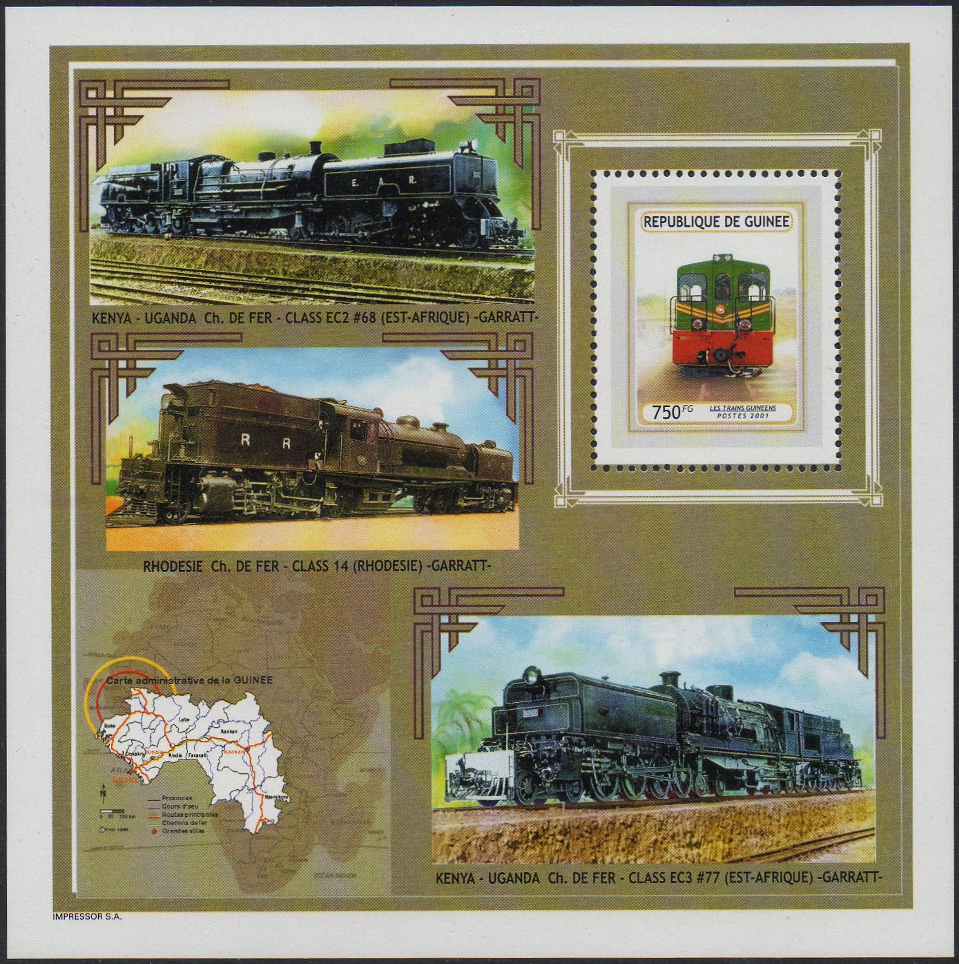Locomotives of Guinea Railways 2001 750Fr Stamp Issue, Diesel Locomotives, three Garratts in sheet border