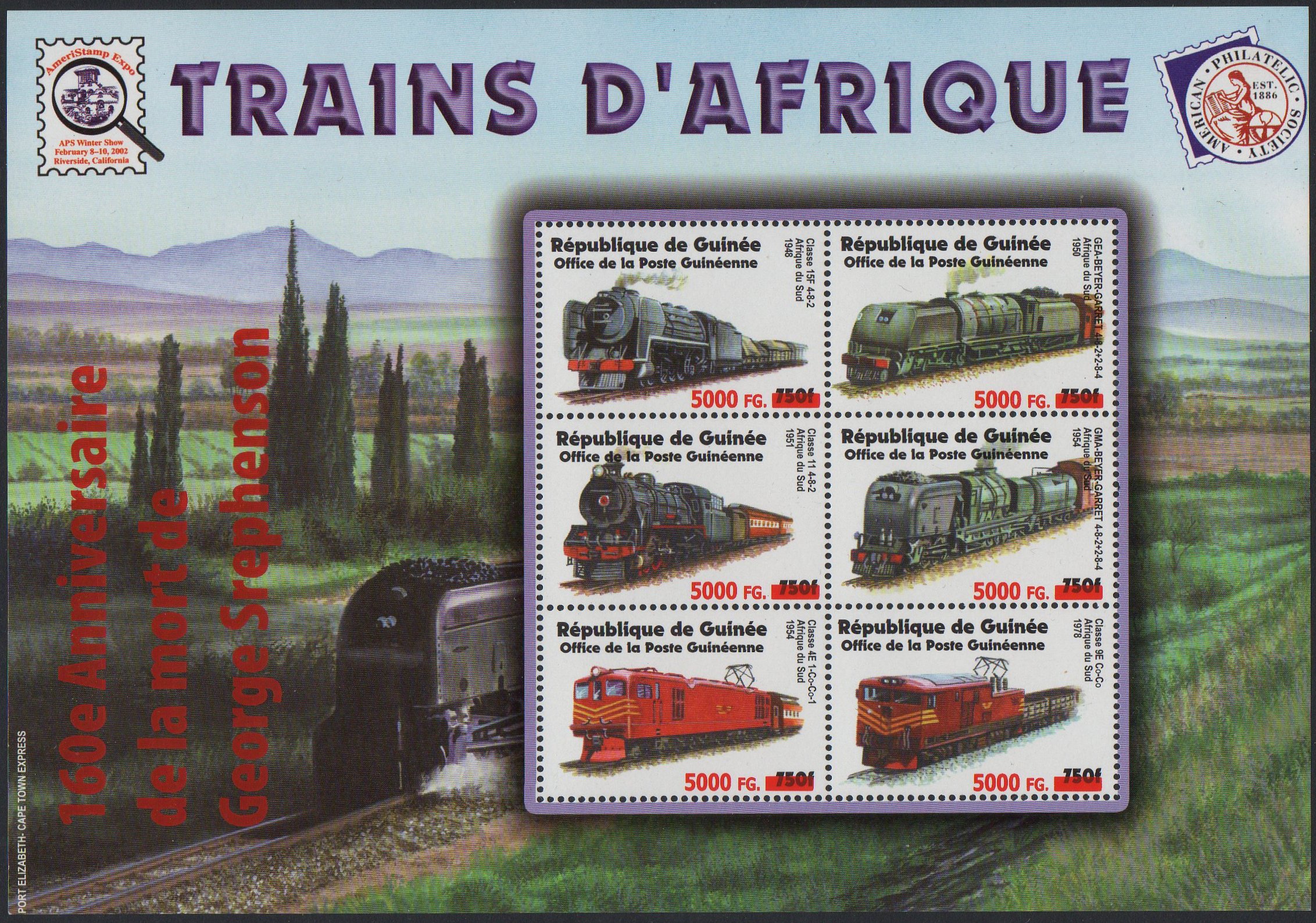 5000FG/750Fr South African Railways Class GEA Garratt and GMA/M Garratt in sheetlet/6. Surcharged Sheetlet for 160th Anniversary of the Death of George Stephenson