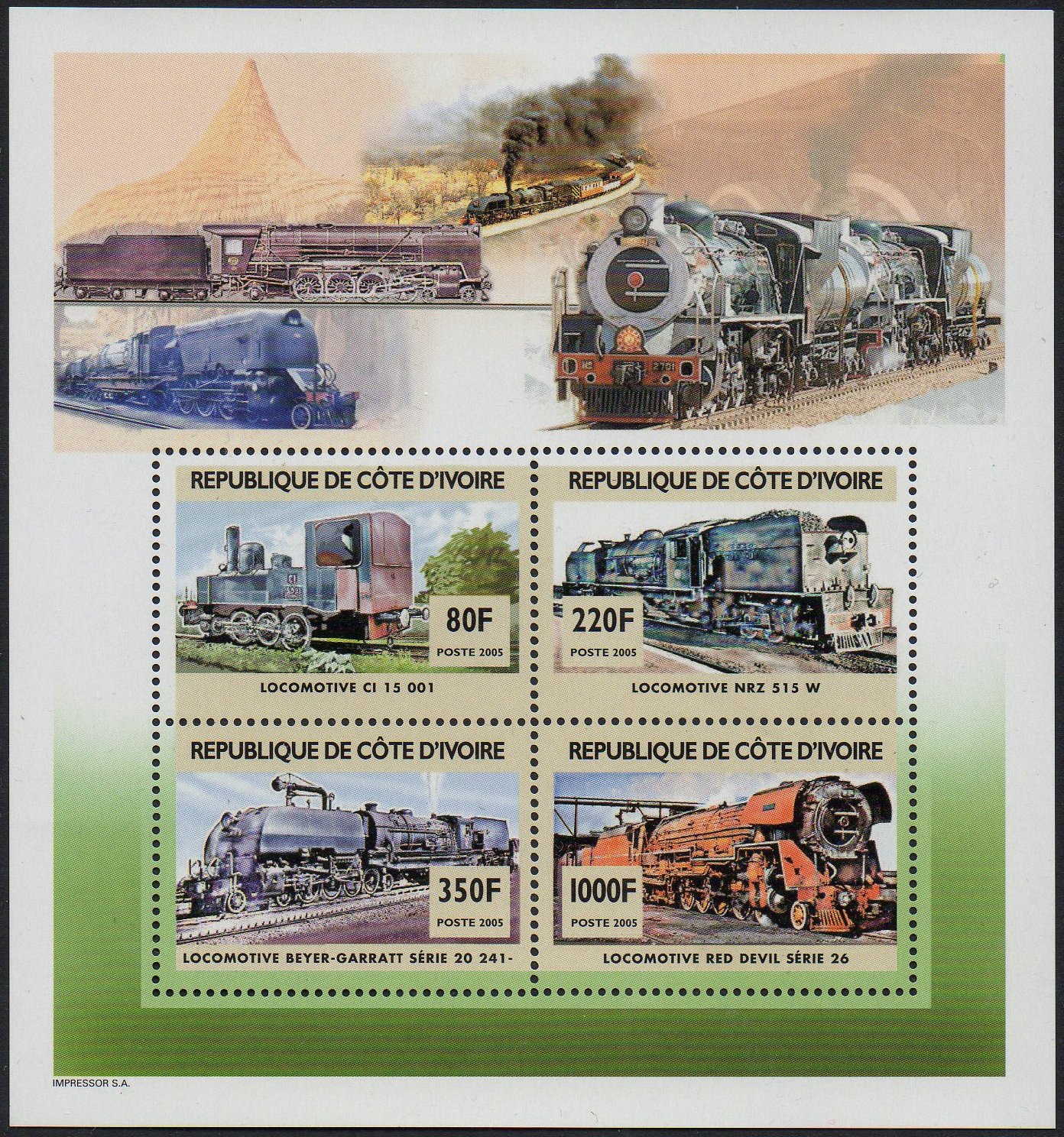 Ivory Coast stamps; Garratts of Class Rhodesia Zimbabwe Class 14A and 20th Class in sheetlet/4