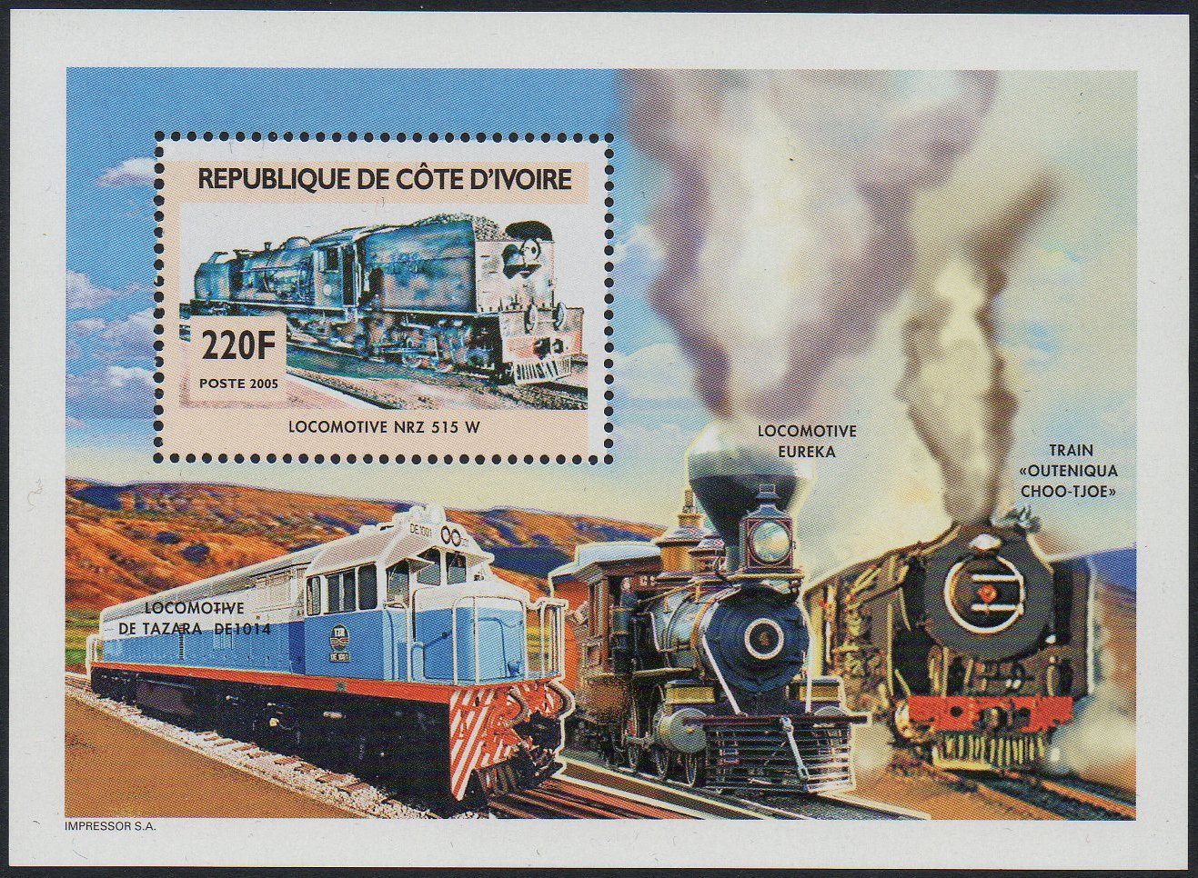 Ivory Coast train stamps, deluxe sheetlet with Zimbabwe Railways Class 14A Garratt locomotive