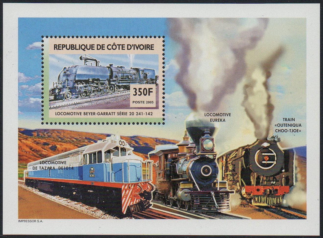 Ivory Coast train stamps, deluxe sheetlet with Rhodesia Railways 20th Class Beyer-Garratt steam engine