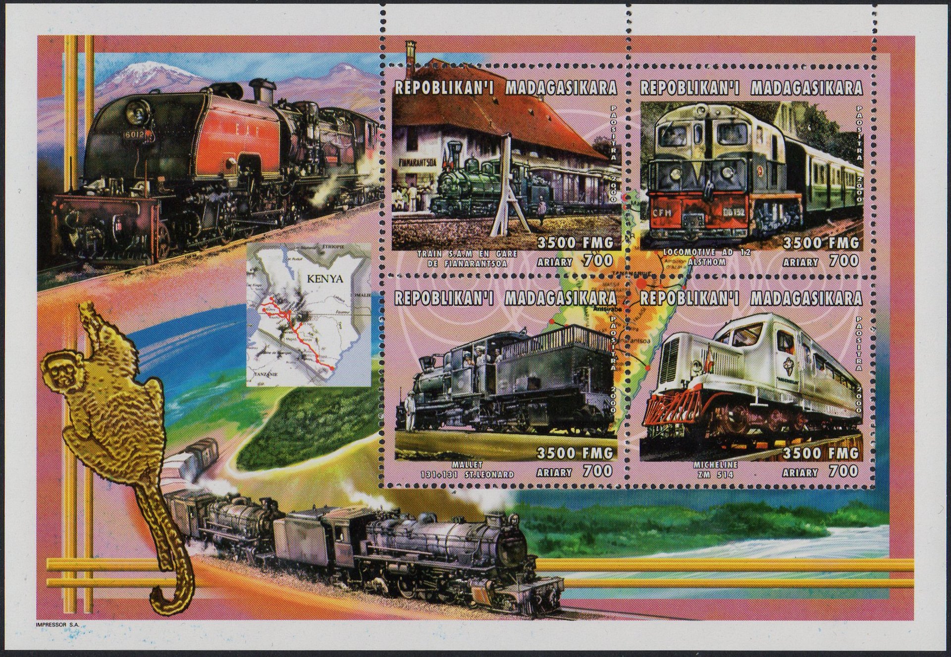 Madagascar Railway Stamps July 2000 Trains 3500 FMG Sheetlet Locomotives