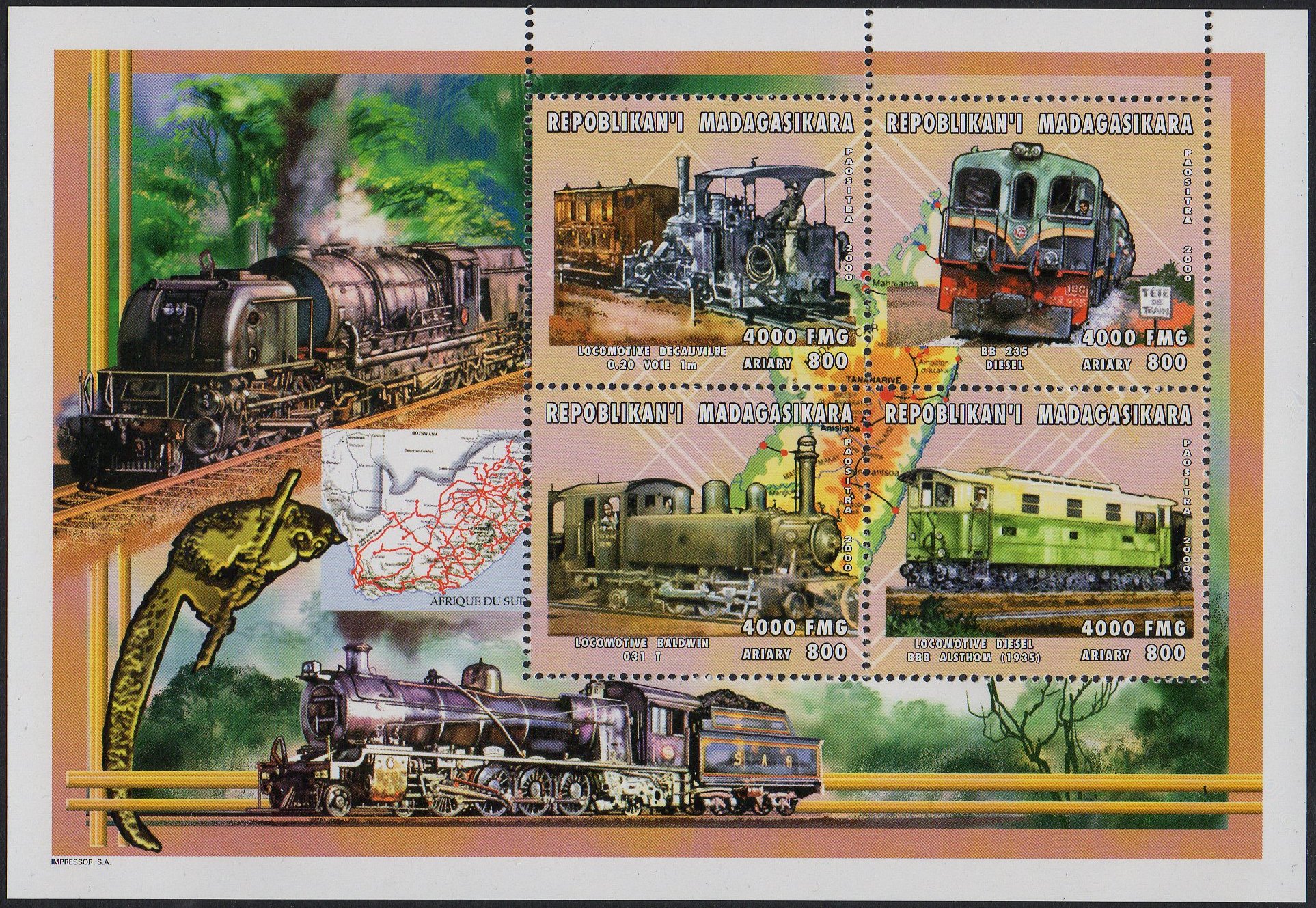 Madagascar Railway Stamps July 2000 4000FMG sheetlet/4 steam and diesel locomotives
