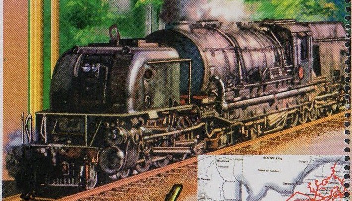Madagascar Railway Stamps July 2000 Trains, 4000 FMG sheetlet border decoration, a South African Class GMA GMAM Garratt locomotive