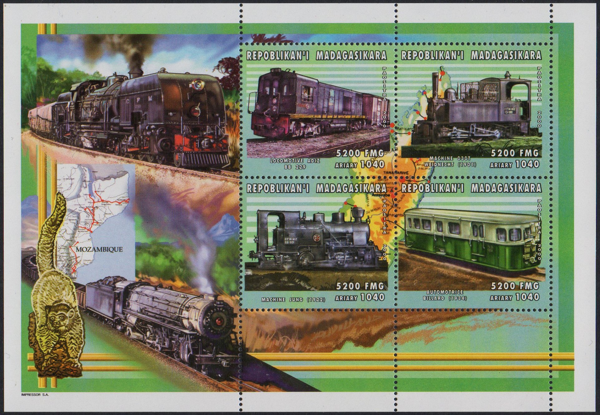 Madagascar Railway Stamps depicting a Mozambique Railways (Caminhos de Ferro de Mocambique) Henschel-built Garratt in the sheet border