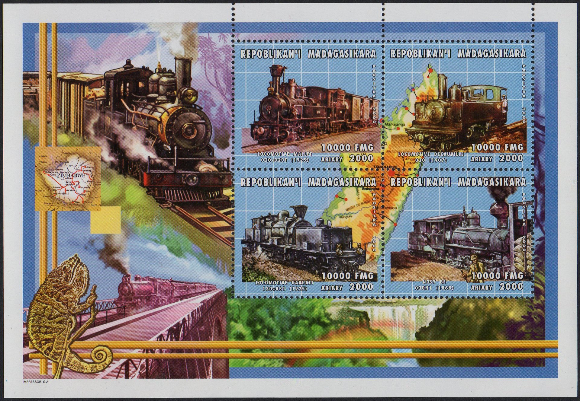 Madagascar Railway Stamps 10,000FMG sheetlet/4 (issued in 2000) Class B Garratt locomotive