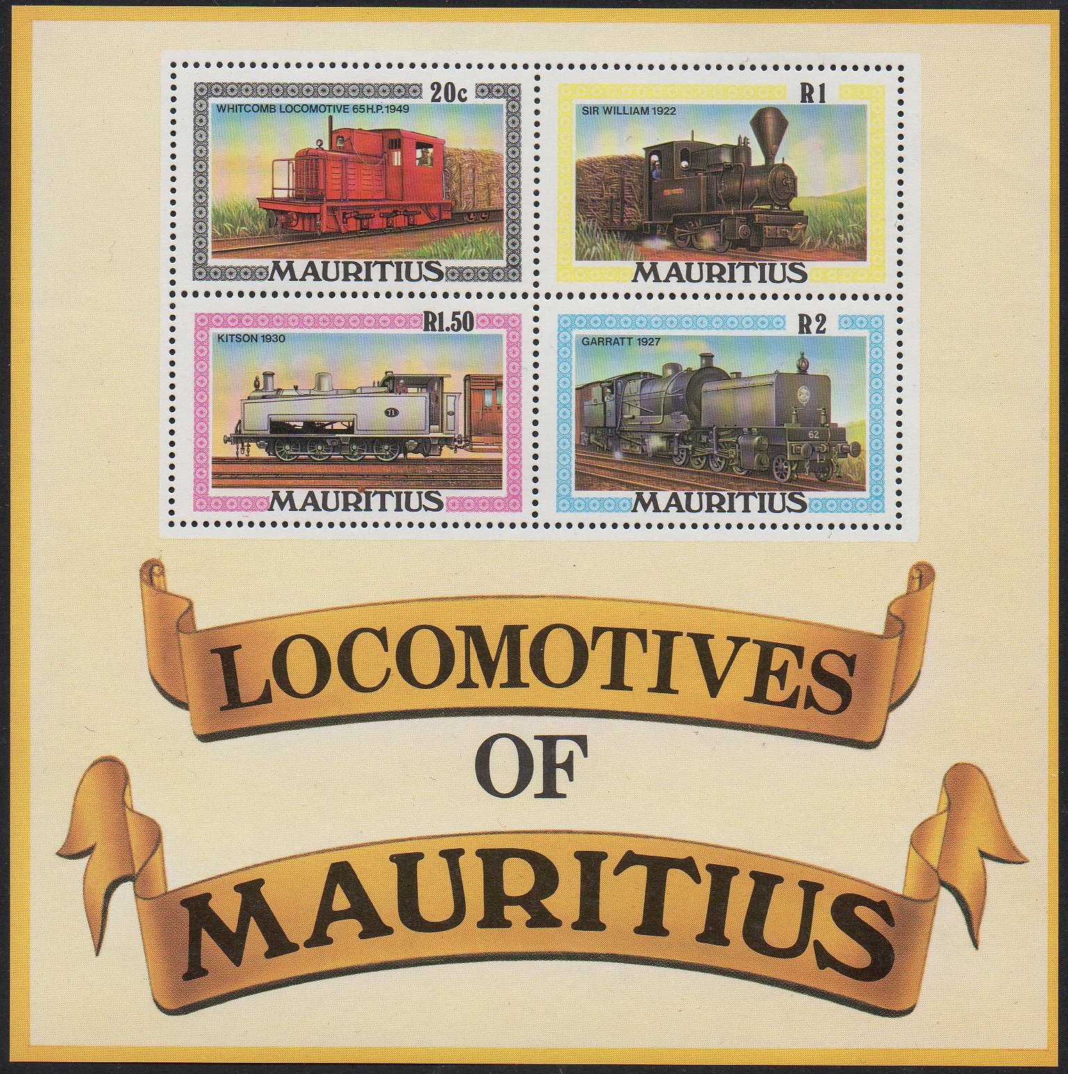 Mauritius Stamps 1979 : Mauritius Railways #62 Garratt locomotive in a miniature sheet