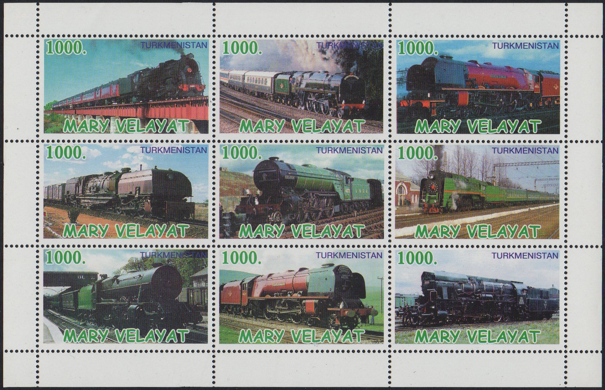 Turkmenistan Mary Velayat Illegal Stamps - sheetlet/9 locomotives.