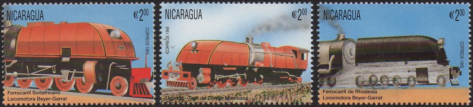 Nicaragua 1996 Trains on Stamps : Beyer-Garratt locomotives East African and Rhodesia Railways