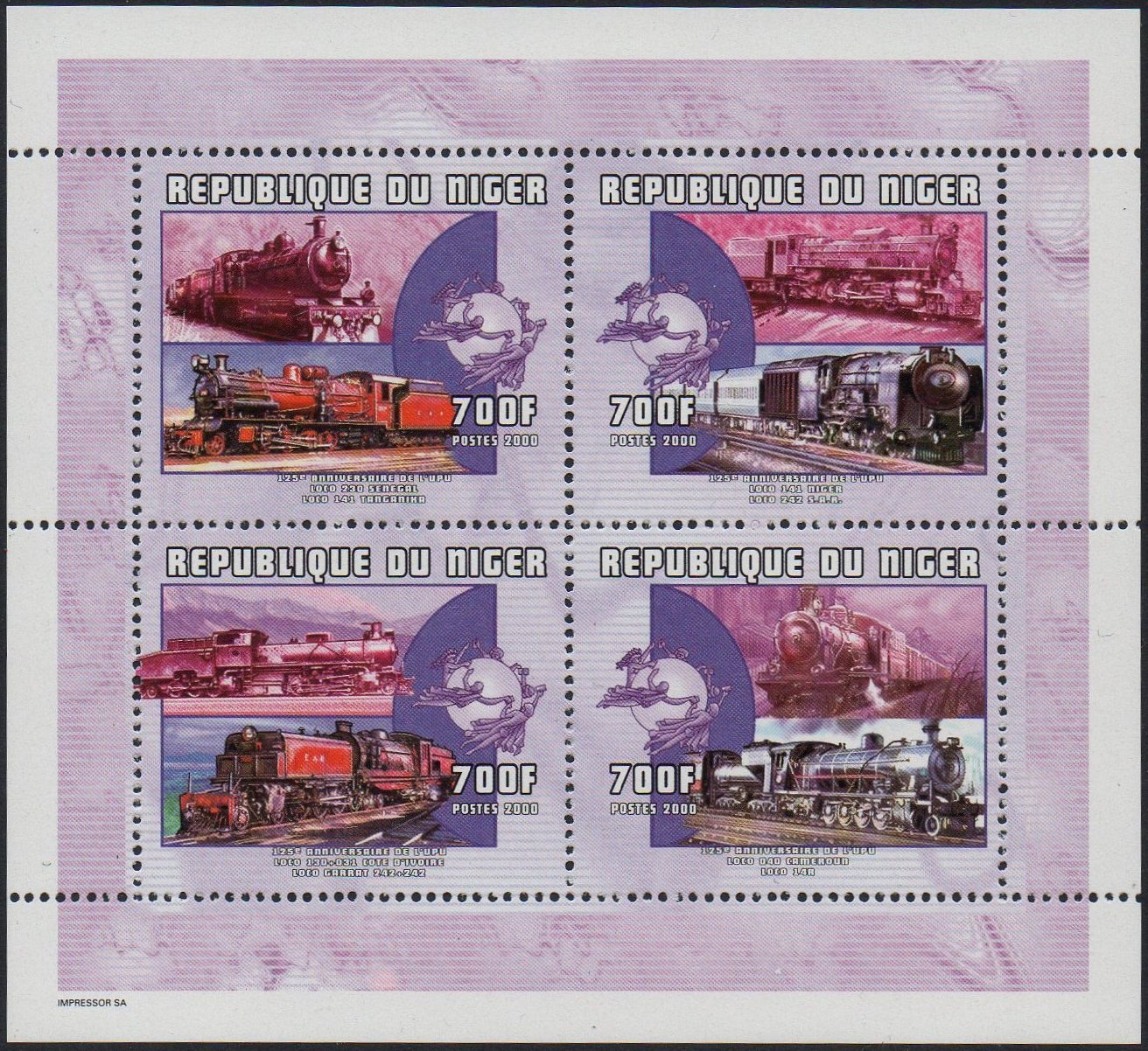 Niger Republic stamps : 125th anniversary of the UPU (2001 issue) : East African Railways Class 58 Beyer-Garratt locomotive.