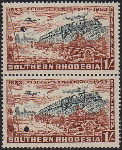 Southern Rhodesia Stamps 1953 : Cecil Rhodes Centenary 1/- Rhodesia Railways 15th Class Beyer-Garratt with Archive Punch