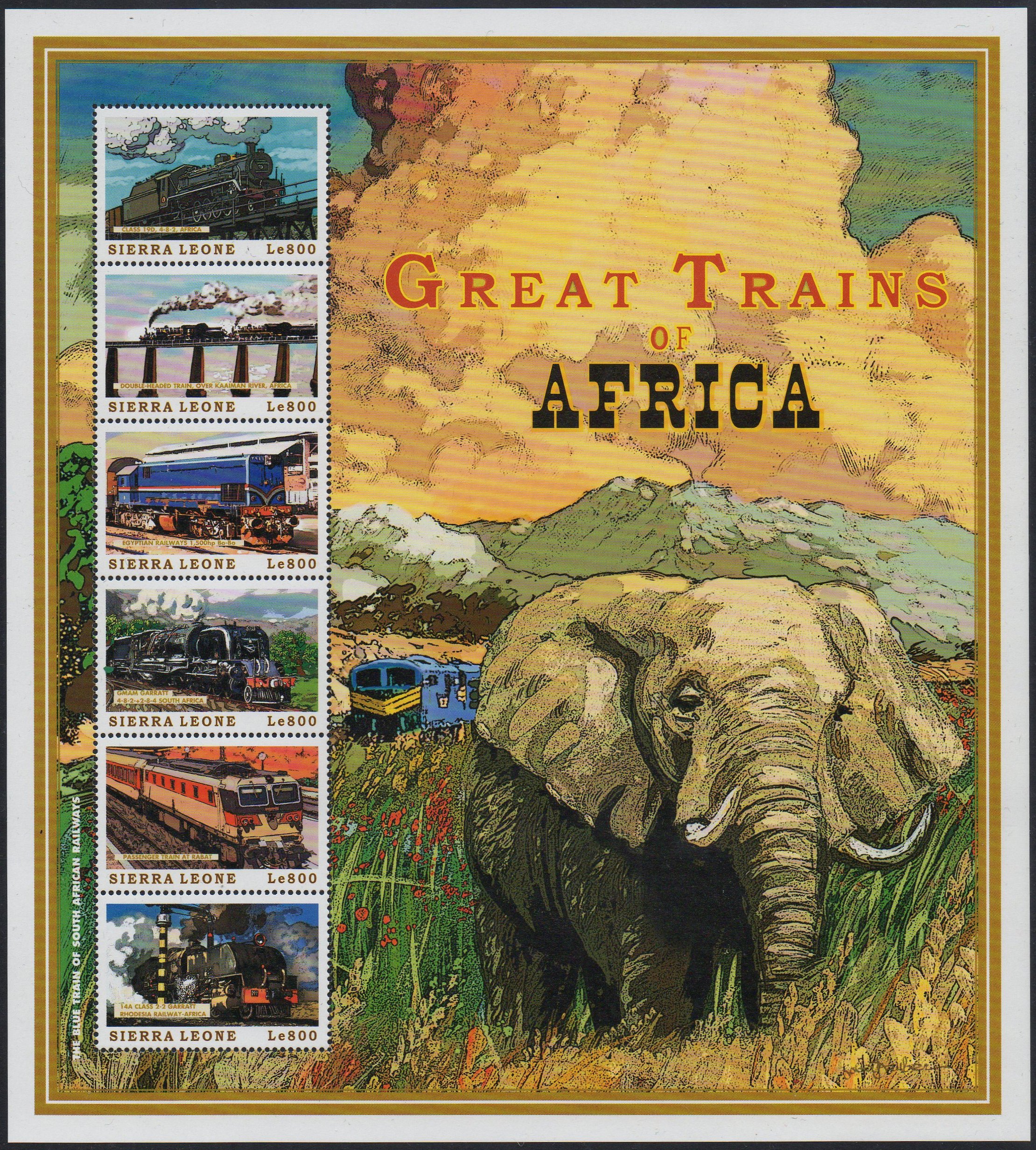 Sierra Leone stamps 1999 : Locomotives / Trains SAR/SAS Class GMAM Garratt & RR Class 14A Garratt in sheetlet