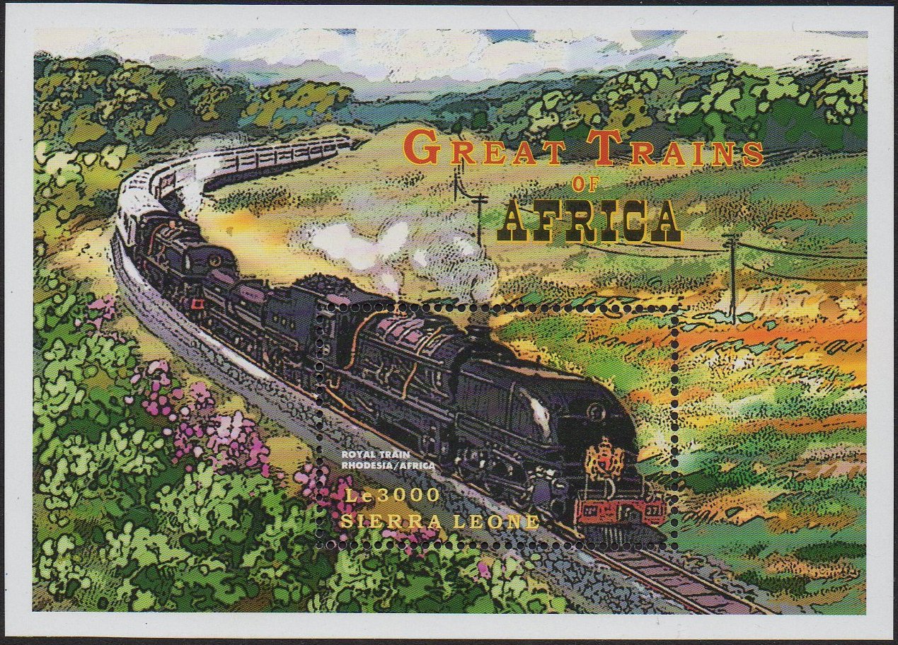 Sierra Leone stamps 1999 : Locomotives / Trains Rhodesia Rlys 15th Class steam locomotive Beyer-Garratt in miniature sheet