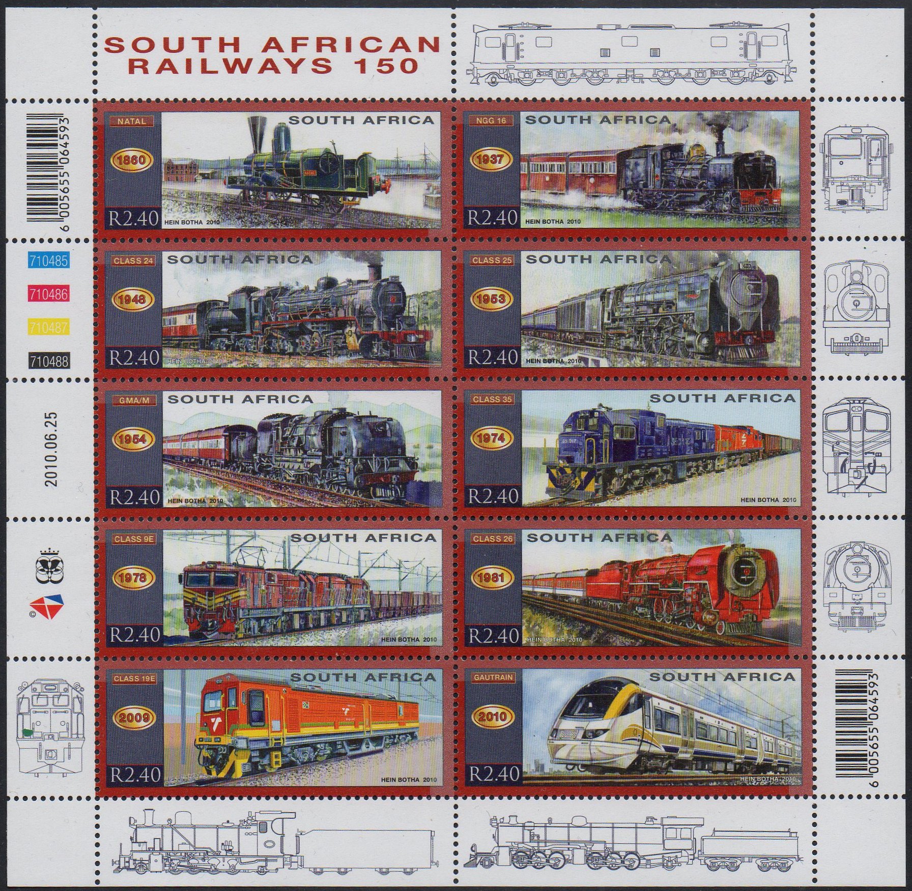 South Africa train stamps 2010 : Sheetlet/10 with an NGG16 and GMA/M Garratt