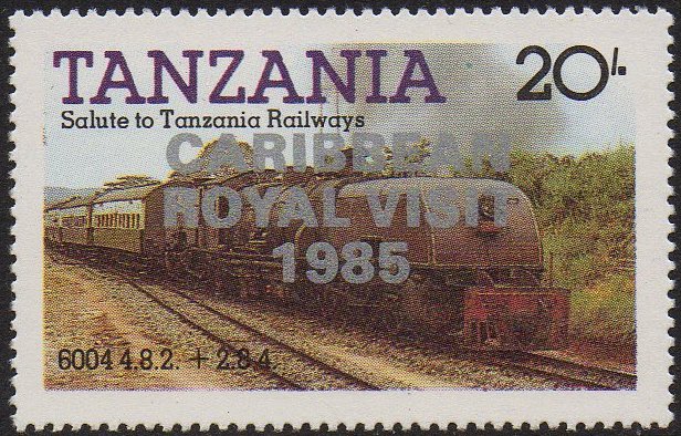 Tanzania 1985 Dampfloks auf Briefmarken 20/- EAR Governor Class 60 Beyer-Garratt mit silbernen Aufdruck Caribbean Royal Visit 1985