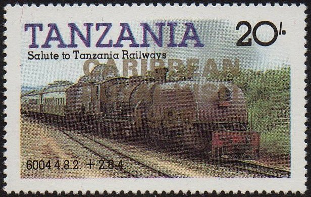 Tanzania 1985 Dampfloks auf Briefmarken 20/- EAR Governor Class 60 Beyer-Garratt mit goldenen Aufdruck Caribbean Royal Visit 1985