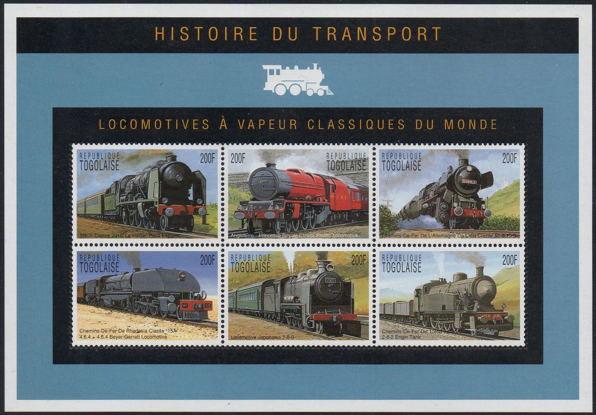 Togo train stamps 1995 : sheetlet/6 x 200Fr locomotives