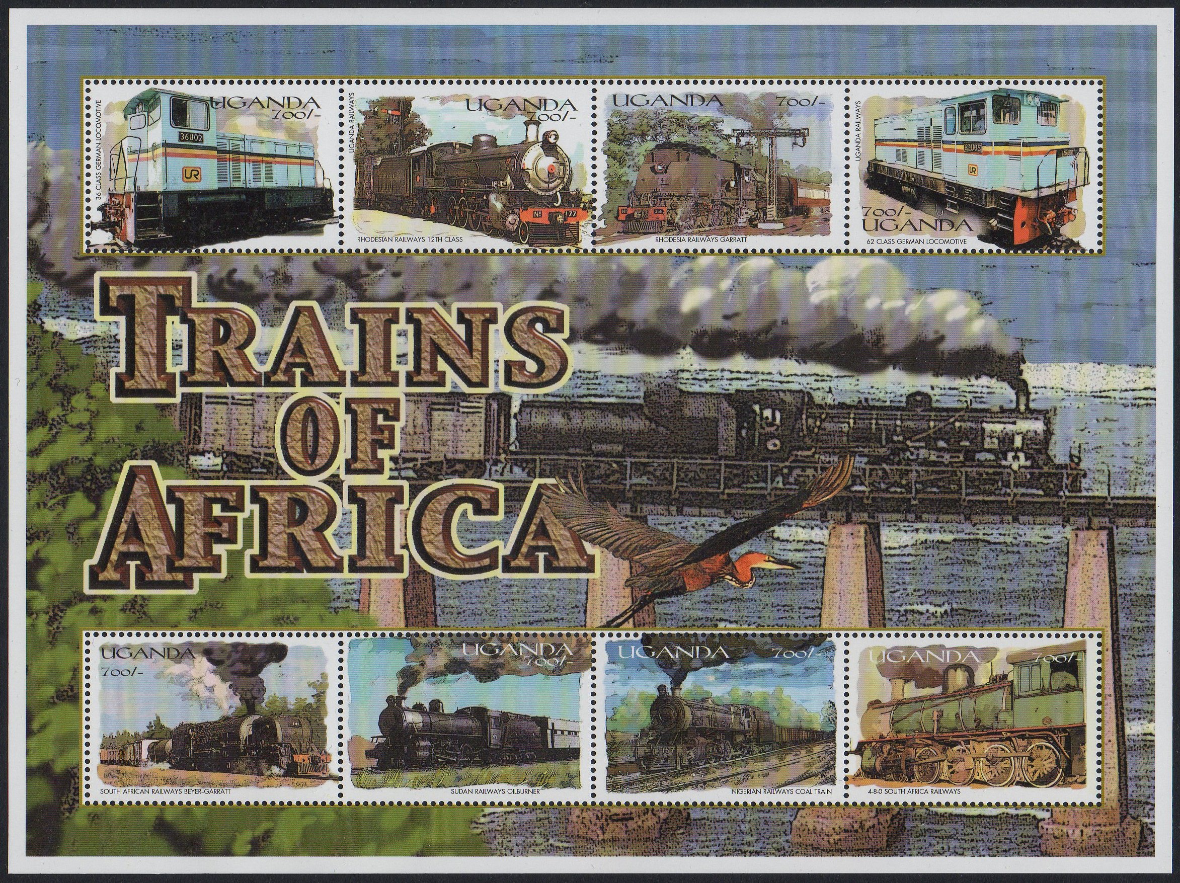 Uganda 2000 African Trains on Stamps  sheetlet/8 locomotives