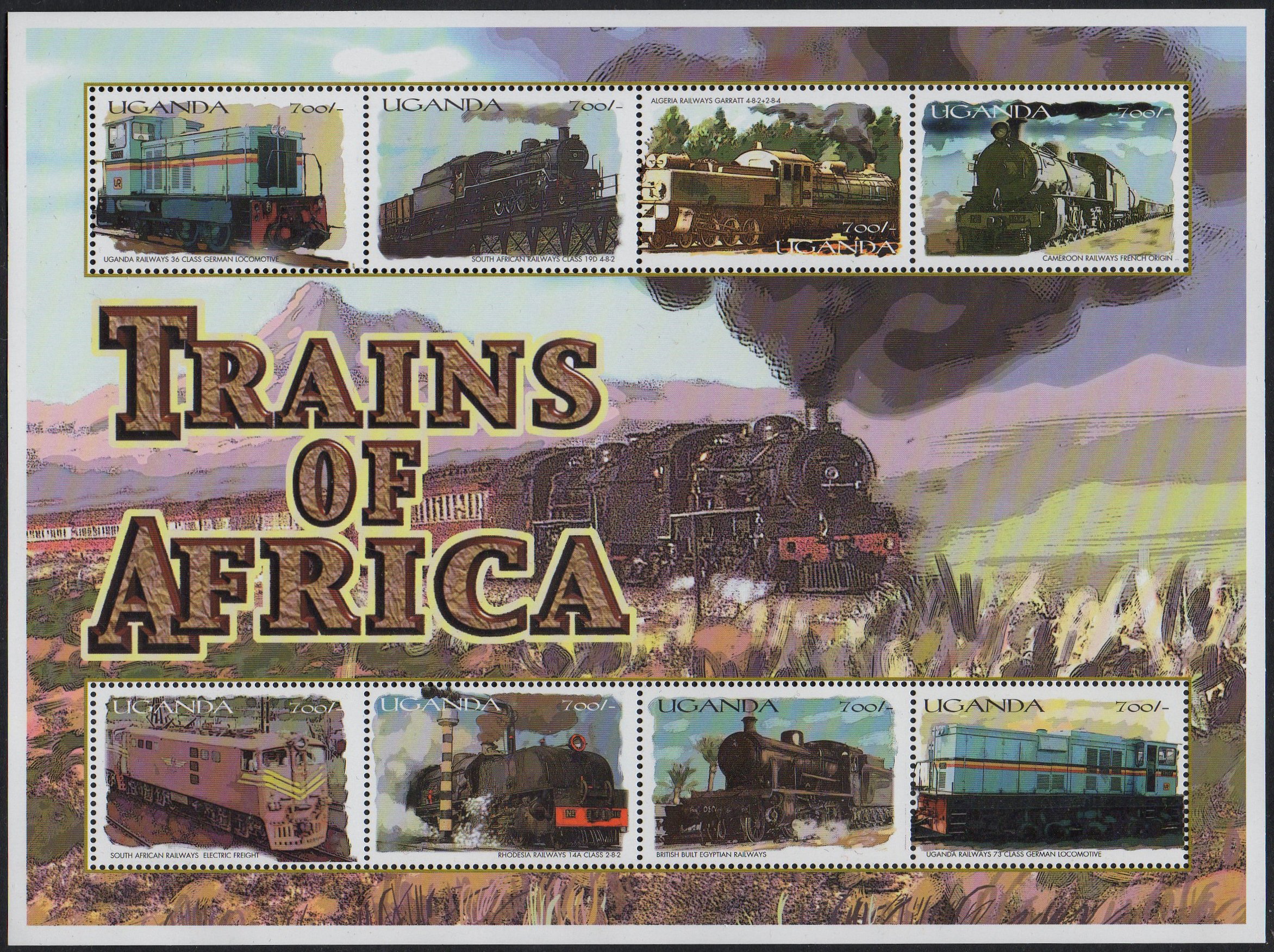 2000 African Trains on Stamps  sheetlet/8 locomotives
