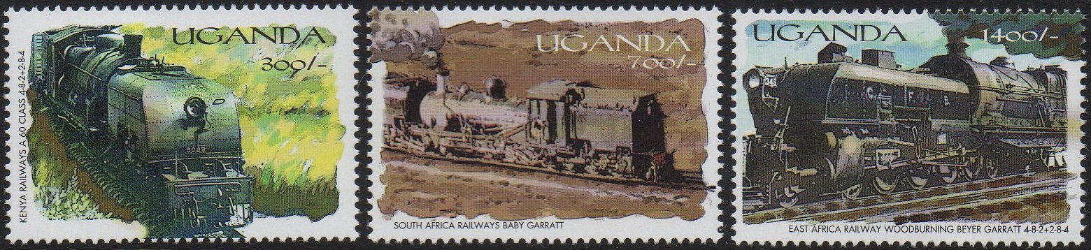 Uganda 2000 Trains on Stamps : EAR Class 60, SAR/SAS NGG16, Angola Benguela Rly Class 10C Garratts