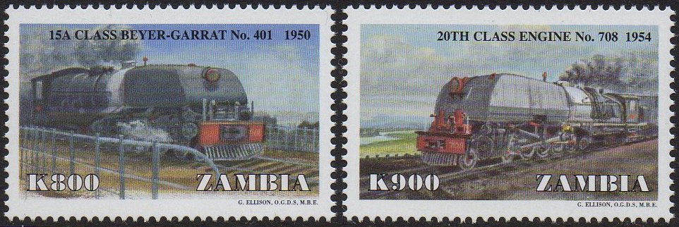 Zambia 1999 Locomotive Stamps : Rhodesia Rlys Class 15A  and 20th Class Beyer-Garratts