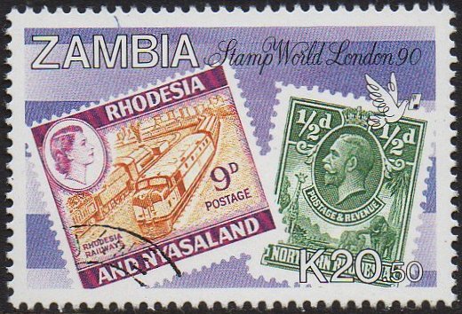 Zambia Stamp World 90 Stamp-on-Stamp design : Rhodesia & Nyasaland 1962 with a possible Rhodesia Railways Class 14A Garratt and a Diesel locomotive