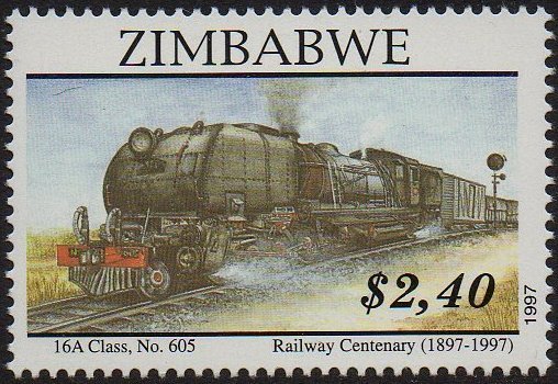 Zimbabwe Stamps : Centenary of Rhodesia / Zimbabwe Railways : RR Class 16A Garratt #605