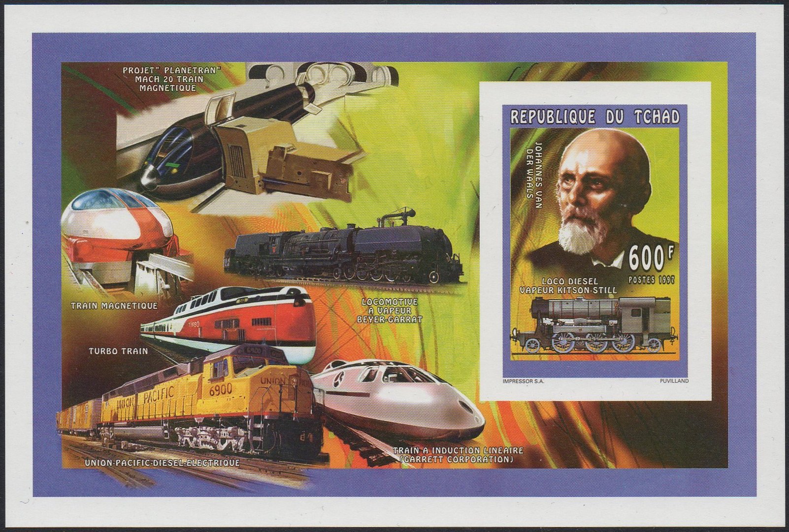Chad Tschad Tchad Briefmarken Stamps Timbres Johannes van der Waals & Steam Train PROOF Epreuve