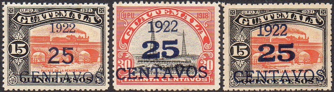 Guatemala Stamps 1922 Surcharges on 30c Radio Station and Train-on-Bridge 15 Pesos