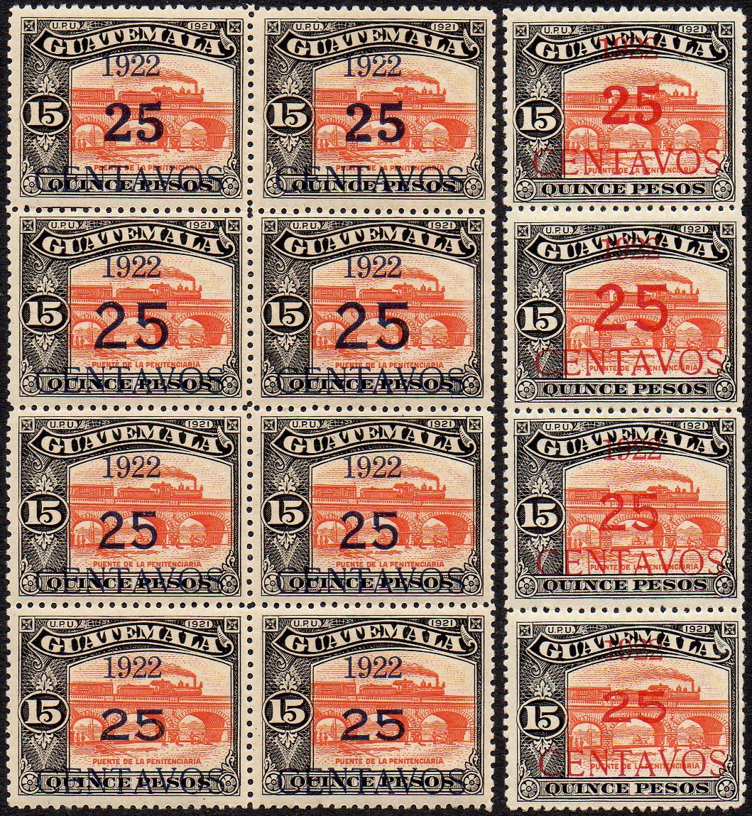 Guatemala Stamps 1922 Surcharges on 30c Radio Station and Train-on-Bridge 15 Pesos