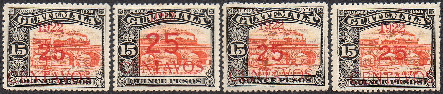 Guatemala Stamps 1922 Surcharges on 30c Radio Station and Train-on-Bridge 15 Pesos