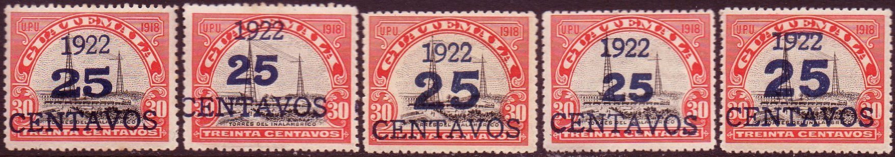 Guatemala Stamps 1922 Surcharges on 30c Radio Station and Train-on-Bridge 15 Pesos