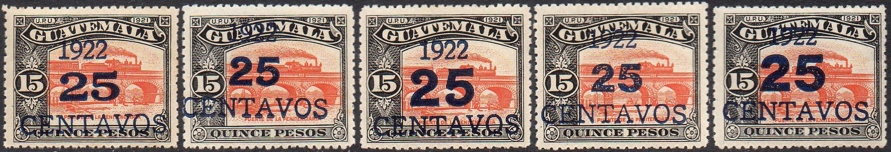 Guatemala Stamps 1922 Large Surcharge 25c/15P Types