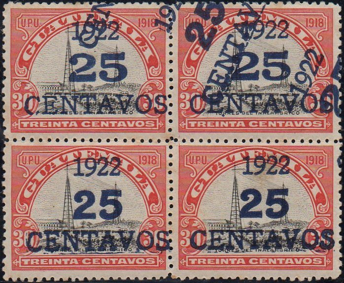 Guatemala Stamps 1922 Surcharged 25c on 30c Radio Station Error Surcharge Double One Diagonal