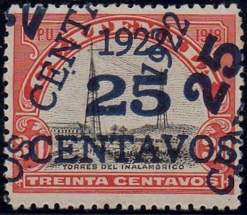 Guatemala Stamps 1922 Surcharged 25c on 30c Radio Station Error Surcharge Double One Diagonal