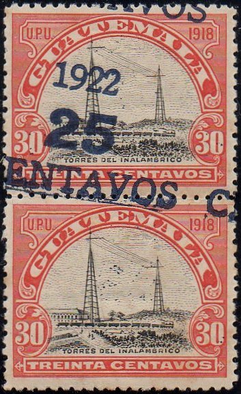 Guatemala Stamps 1922 Surcharged 25c on 30c Radio Station Error Surcharge Double One Diagonal