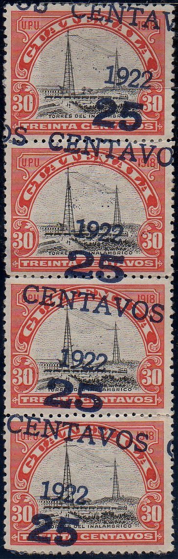 Guatemala Stamps 1922 Surcharged 25c on 30c Radio Station Error Surcharge Double One Diagonal