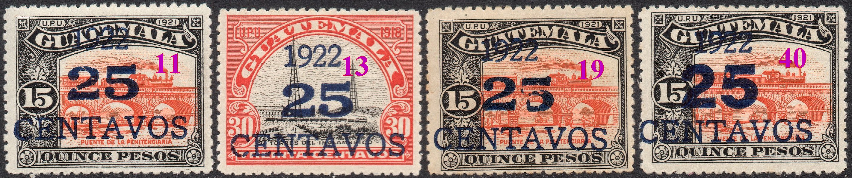 Guatemala Stamps 1922 Large  Surcharge 25c/15P varieties