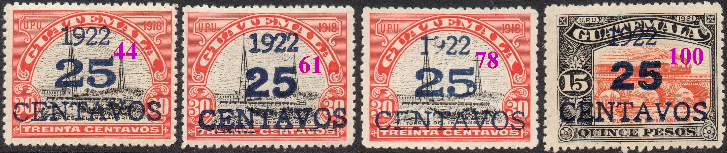 Guatemala Stamps 1922 Large  Surcharge 25c/15P varieties