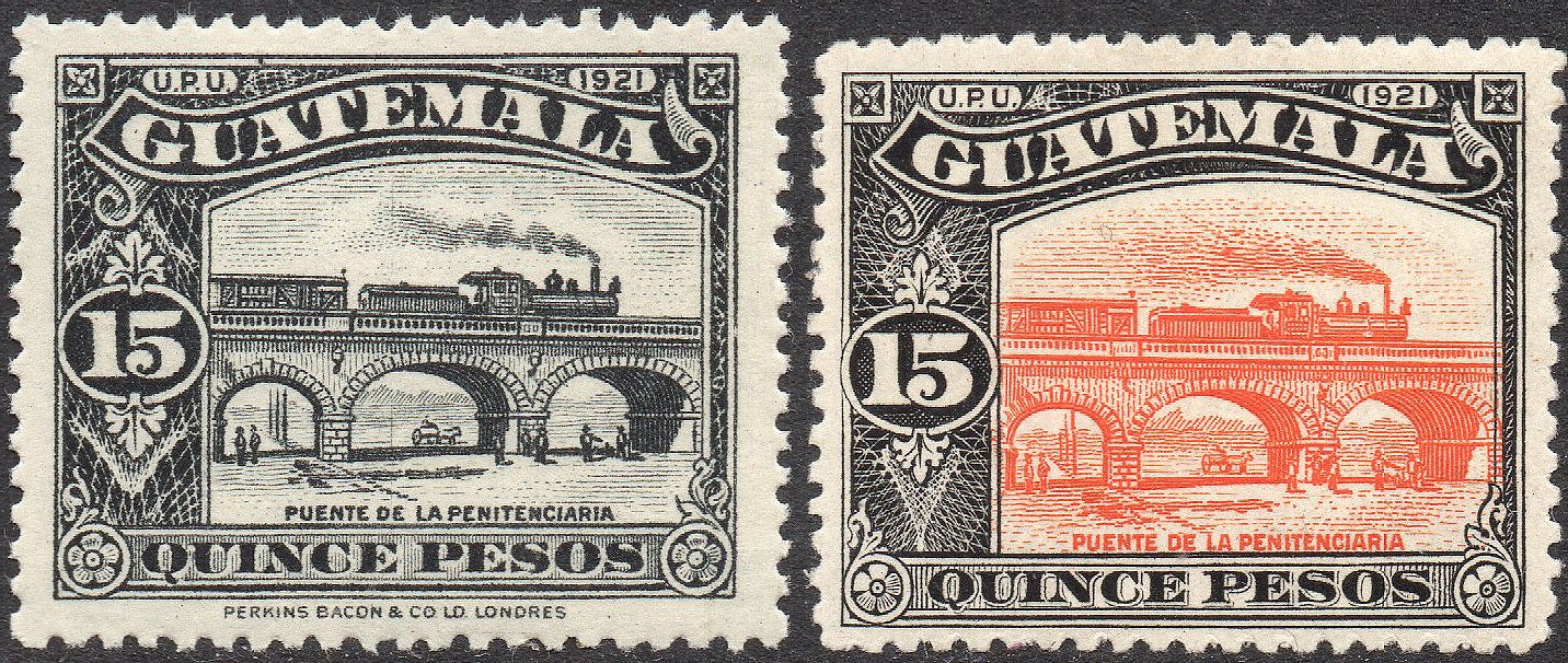 Guatemala Stamps 1924 Perkins Bacon Printing 15 Pesos Train