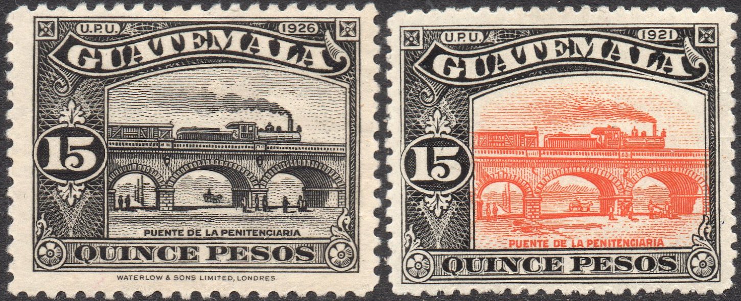 Guatemala Stamps 1926 Waterlow Printing 15 Pesos Train
