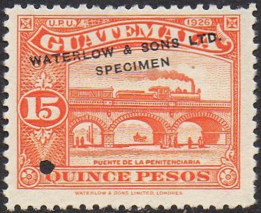 Guatemala Stamps 1926 Waterlow Salesman's Sample Color Proof 15 Pesos Train in Orange