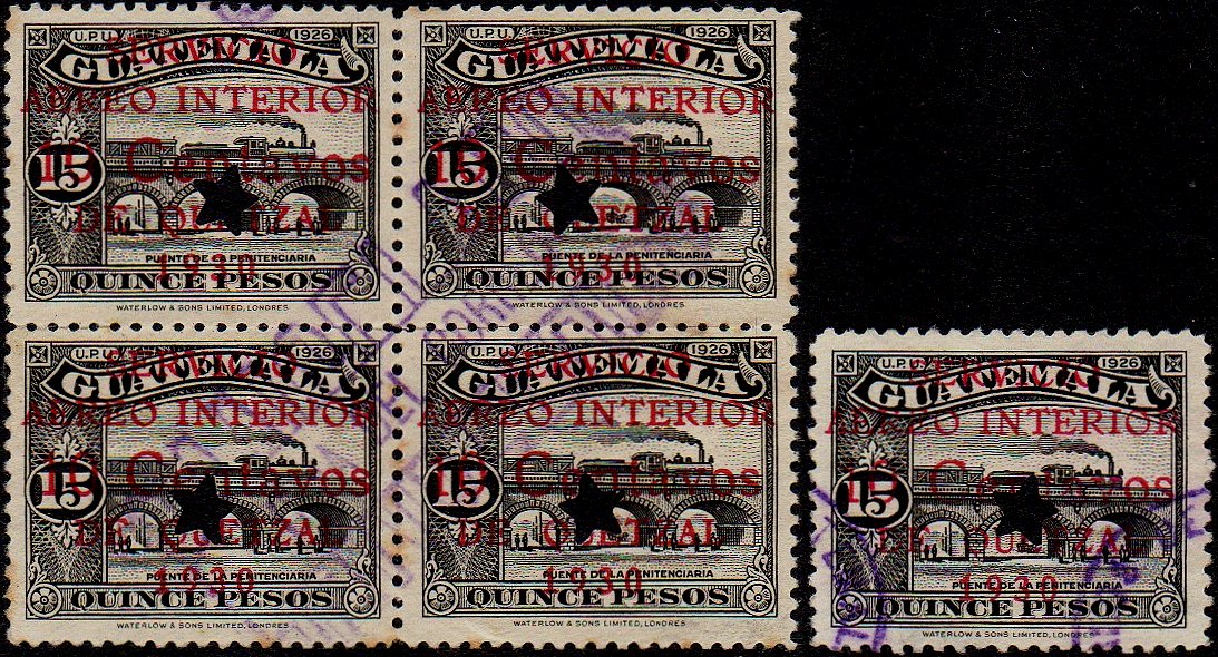 Guatemala Stamps 1924 15 Pesos Train Stamp punched with 5-point star