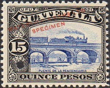 Guatemala Stamps Waterlow Salesmen's Sample Specimen 1921 15 Pesos Train on Bridge
