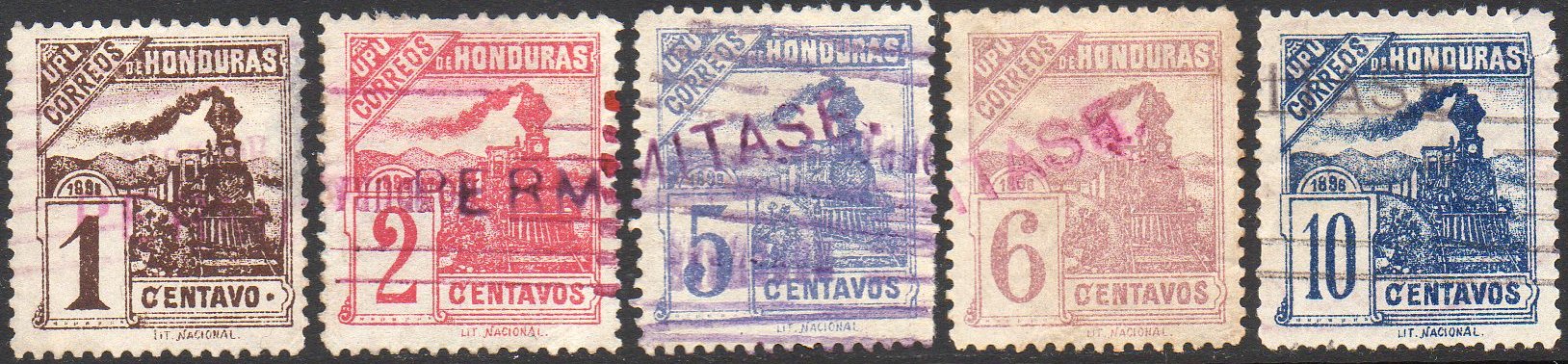 Honduras PERMITASE handstamps Train Stamps timbres-poste sellos postales  Honduras Republic 1898 