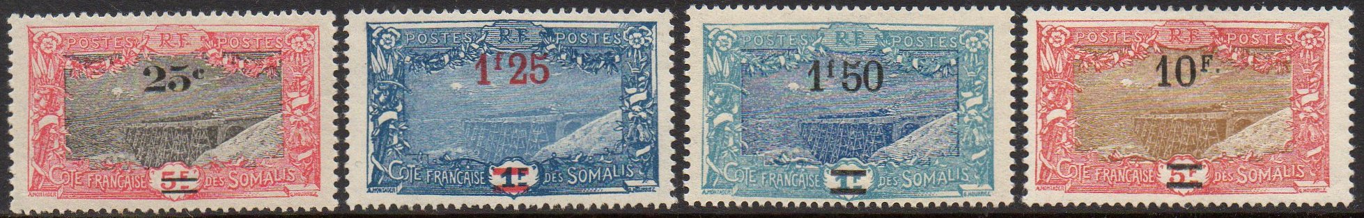 Stamps Briefmarken timbres-poste Cote des Somalis 1915 Pont de Holl-Holli Railway Bridge Surcharges 1924-1927
